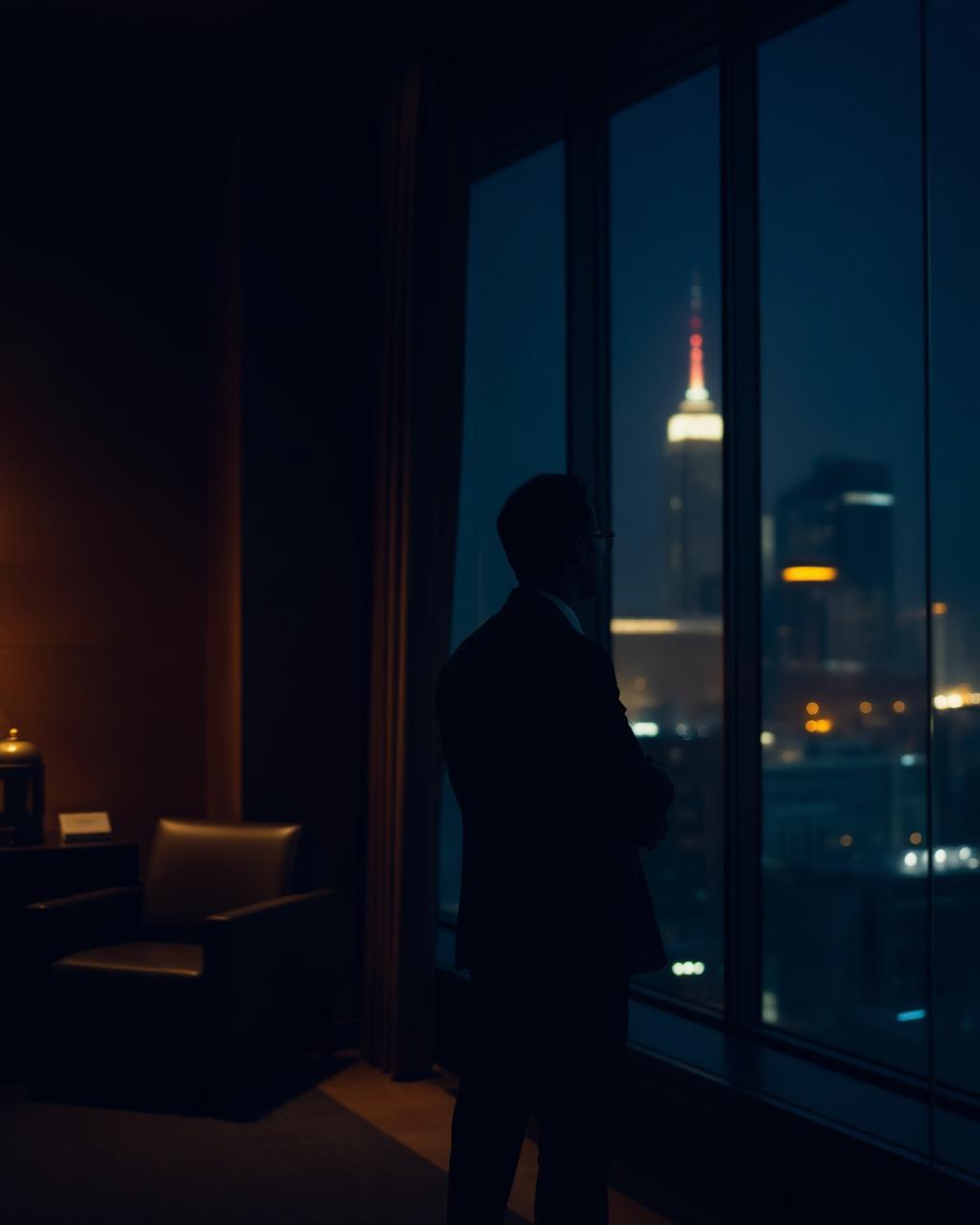 A stressed founder alone in a dark office at night